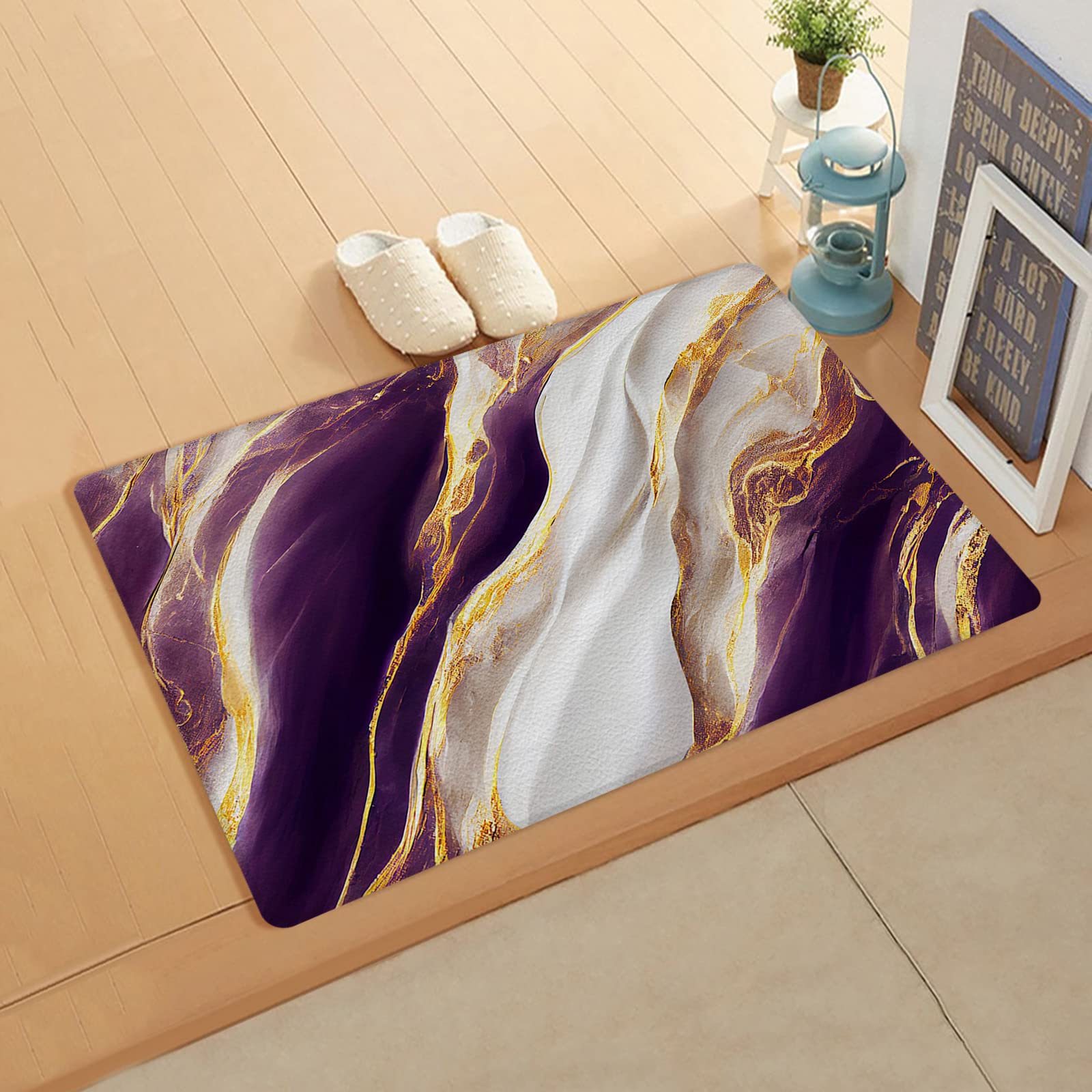 Marble Purple Antifatigue Kitchen Bath Door Mat Cushioned Runner Rug,Washable Welcome Floor Sink Mat,Abstract Gold White Modern Art Waterproof & Non-Slip Comfort Standing Doormat for Kitchen,20"x39"