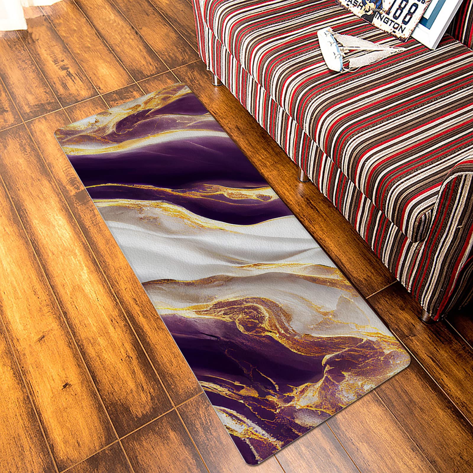 Marble Purple Antifatigue Kitchen Bath Door Mat Cushioned Runner Rug,Washable Welcome Floor Sink Mat,Abstract Gold White Modern Art Waterproof & Non-Slip Comfort Standing Doormat for Kitchen,20"x39"