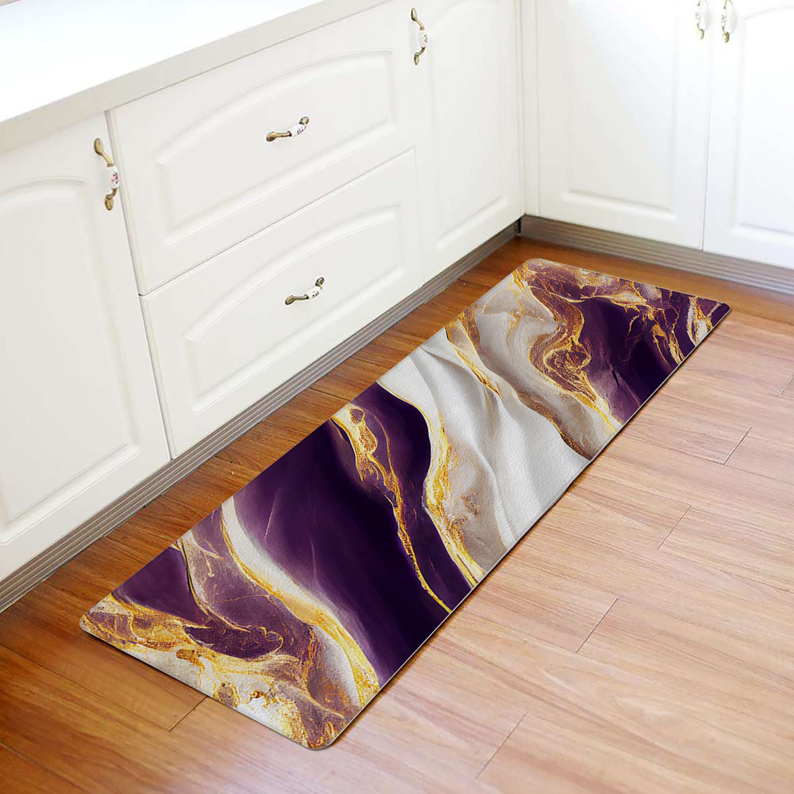 Marble Purple Antifatigue Kitchen Bath Door Mat Cushioned Runner Rug,Washable Welcome Floor Sink Mat,Abstract Gold White Modern Art Waterproof & Non-Slip Comfort Standing Doormat for Kitchen,20"x39"