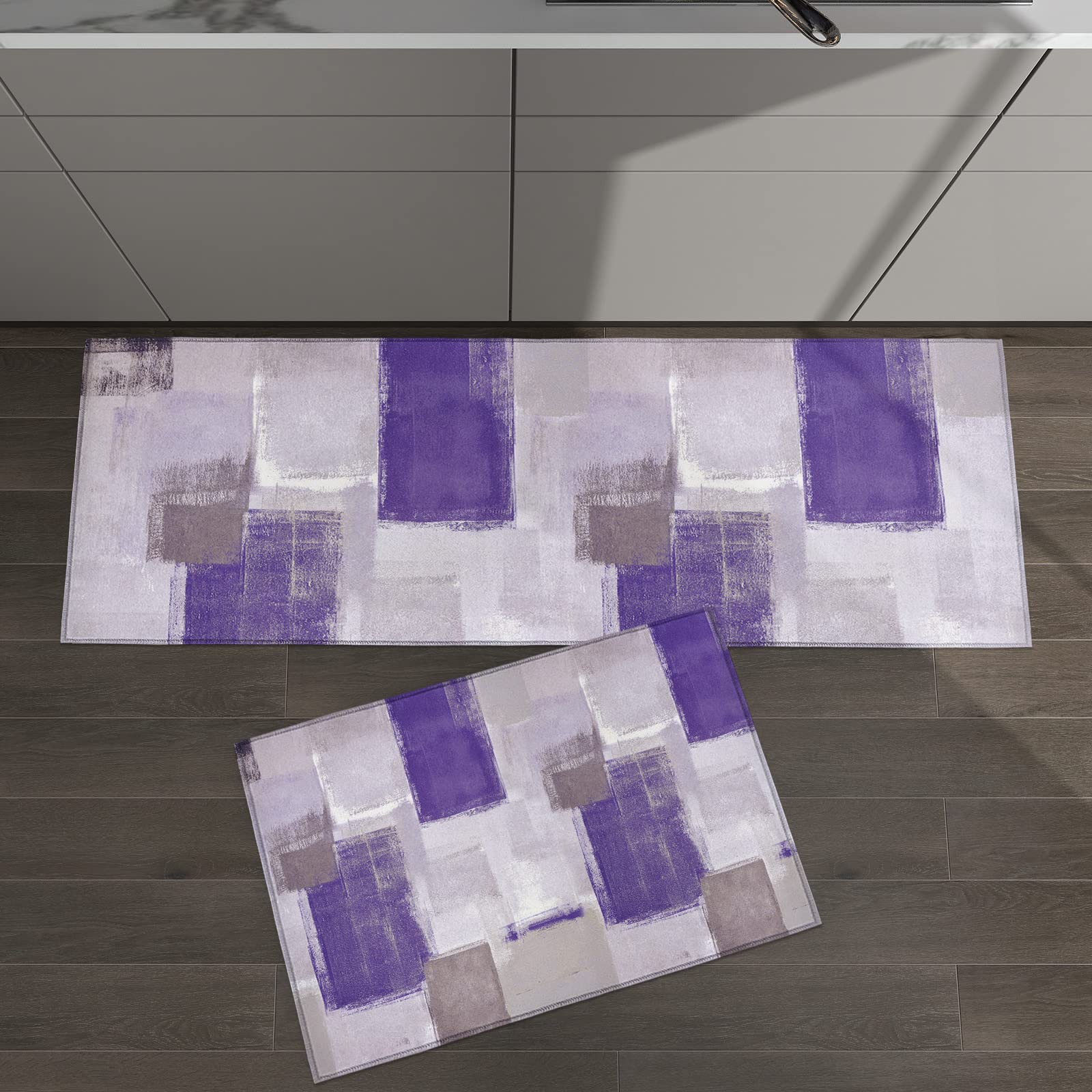 LooPoP Purple Modern Art Abstract Painting Kitchen Mats for Floor Cushioned Anti Fatigue 2 Piece Set Kitchen Runner Rugs Non Skid Washable Purple Smear