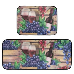 alaza wooden boxes with bottles glasses of red wine and grapes pattern kitchen rug set, 2 piece set, non-slip floor mat for living room bedroom dorm home decor, 19.7 x 27.6 inch + 19.7 x 47.2 inch