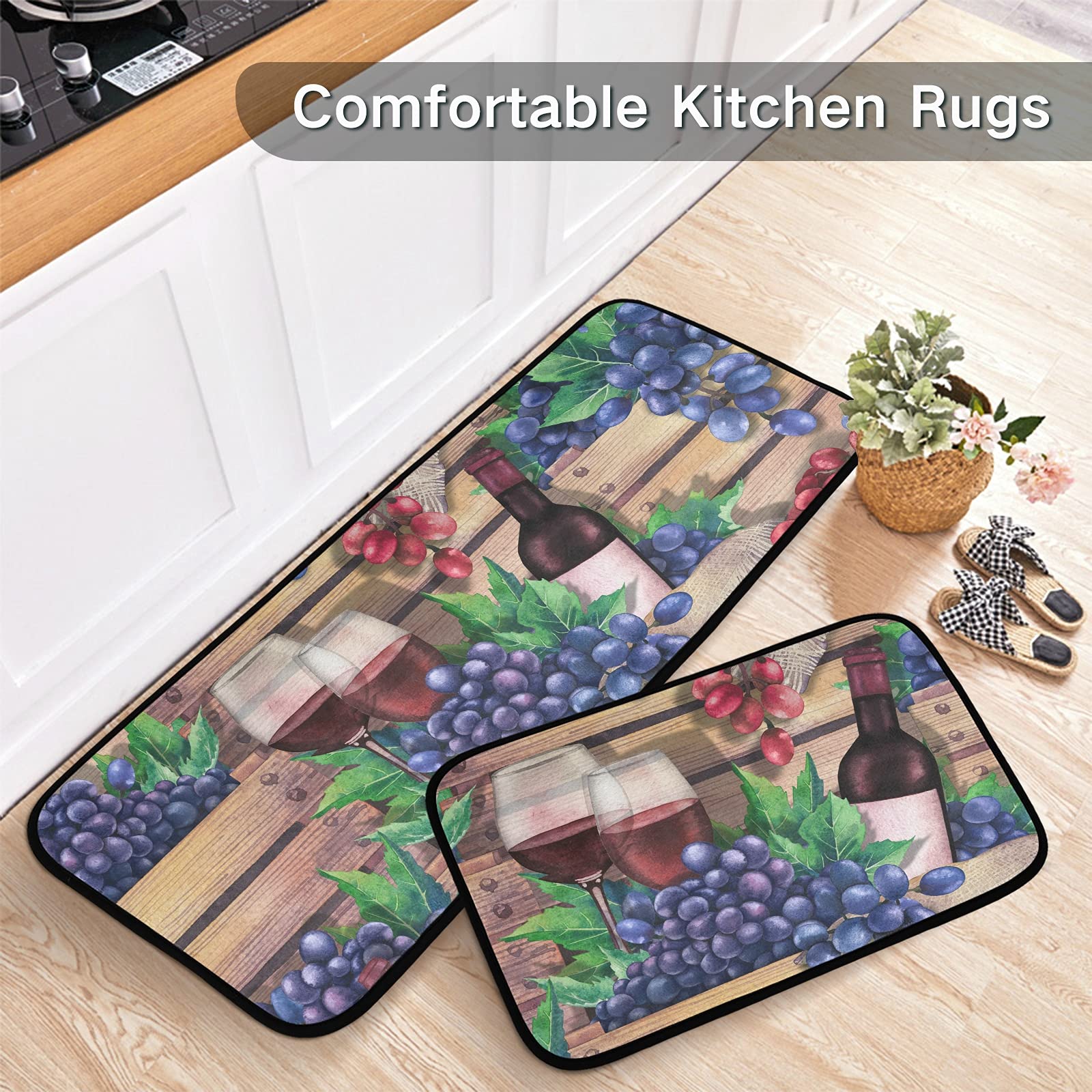 ALAZA Wooden Boxes with Bottles Glasses of Red Wine and Grapes Pattern Kitchen Rug Set, 2 Piece Set, Non-Slip Floor Mat for Living Room Bedroom Dorm Home Decor, 19.7 x 27.6 Inch + 19.7 x 47.2 Inch