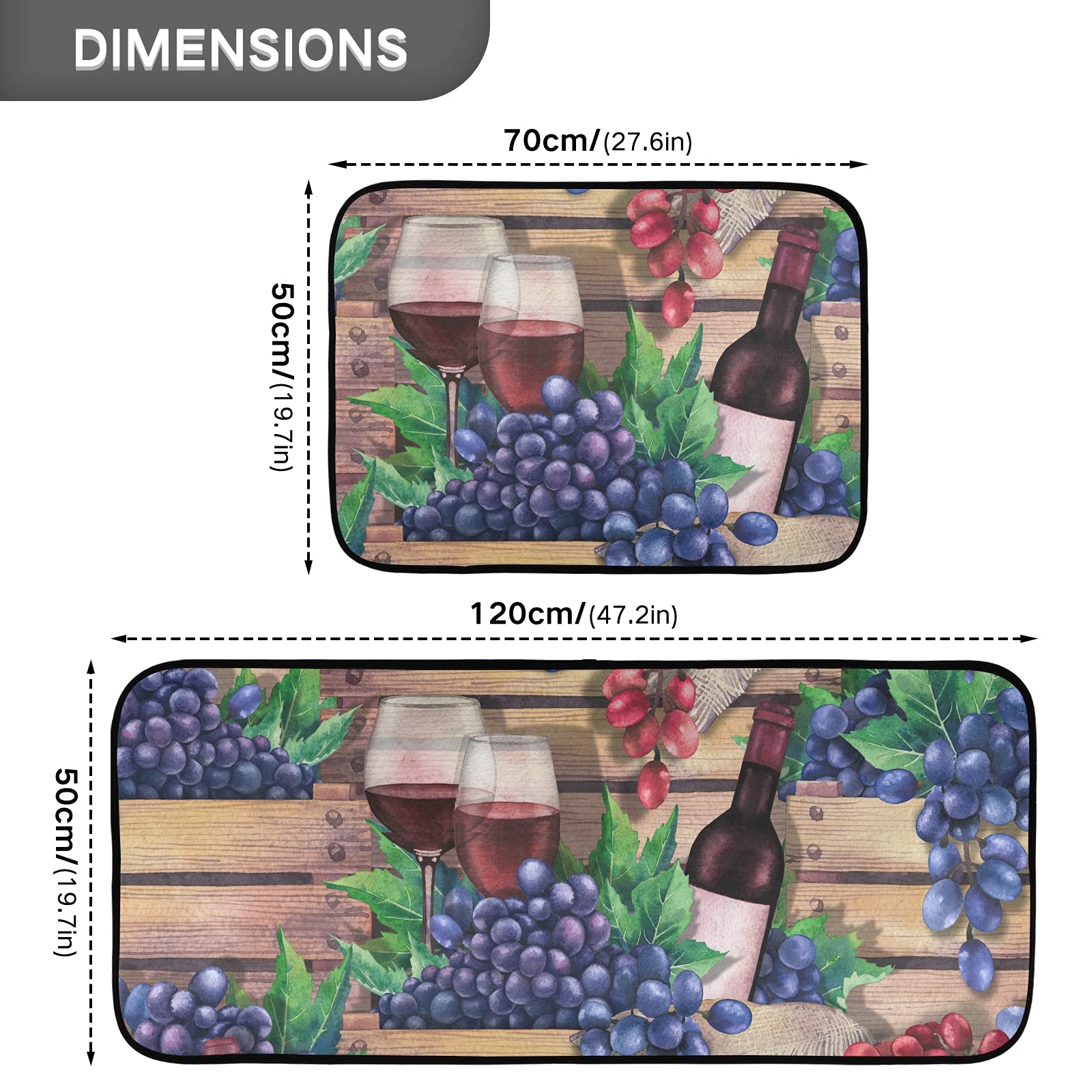 ALAZA Wooden Boxes with Bottles Glasses of Red Wine and Grapes Pattern Kitchen Rug Set, 2 Piece Set, Non-Slip Floor Mat for Living Room Bedroom Dorm Home Decor, 19.7 x 27.6 Inch + 19.7 x 47.2 Inch