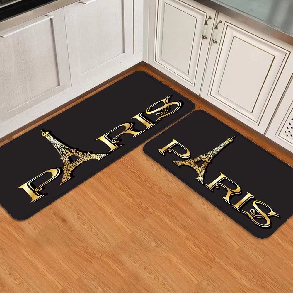 JILANGCA Paris Kitchen Rug Sets 2 Pieces Gold Eiffel Tower Floor Mats Vintage Drawn France Black Washable Doormat Anti Fatigue Non-Slip Area Runner Rugs Carpet for Bedroom 17.7*47.2+17.5*29.5inch