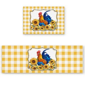victories kitchen area rug pad set 2 piece-non slip comfort cushioned doormat,farm rooster sunflowers on buffalo plaid yellow floor mat rug runner set kitchen/living room/bedroom carpet
