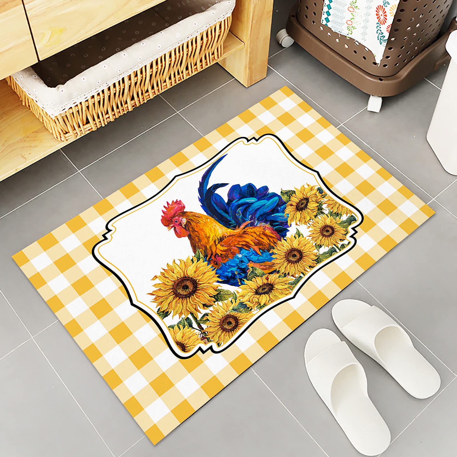 Victories Kitchen Area Rug Pad Set 2 Piece-Non Slip Comfort Cushioned Doormat,Farm Rooster Sunflowers on Buffalo Plaid Yellow Floor Mat Rug Runner Set Kitchen/Living Room/Bedroom Carpet