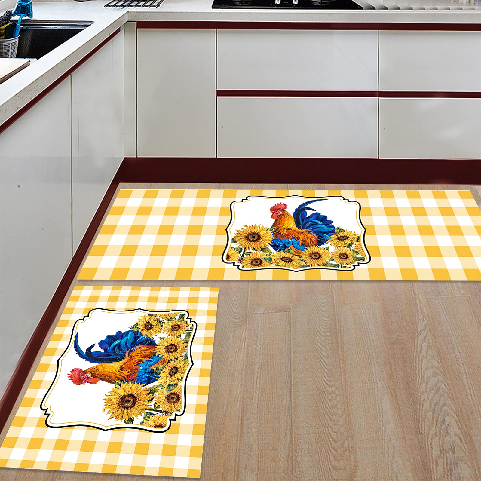 Victories Kitchen Area Rug Pad Set 2 Piece-Non Slip Comfort Cushioned Doormat,Farm Rooster Sunflowers on Buffalo Plaid Yellow Floor Mat Rug Runner Set Kitchen/Living Room/Bedroom Carpet