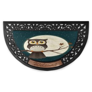 ambesonne owl feather doormat, cartoon scene of night bird sits on autumn branch full moon, semi circle entryway welcome mat for front & backard 2 pieces, 19.6" x 31.4", teal brown