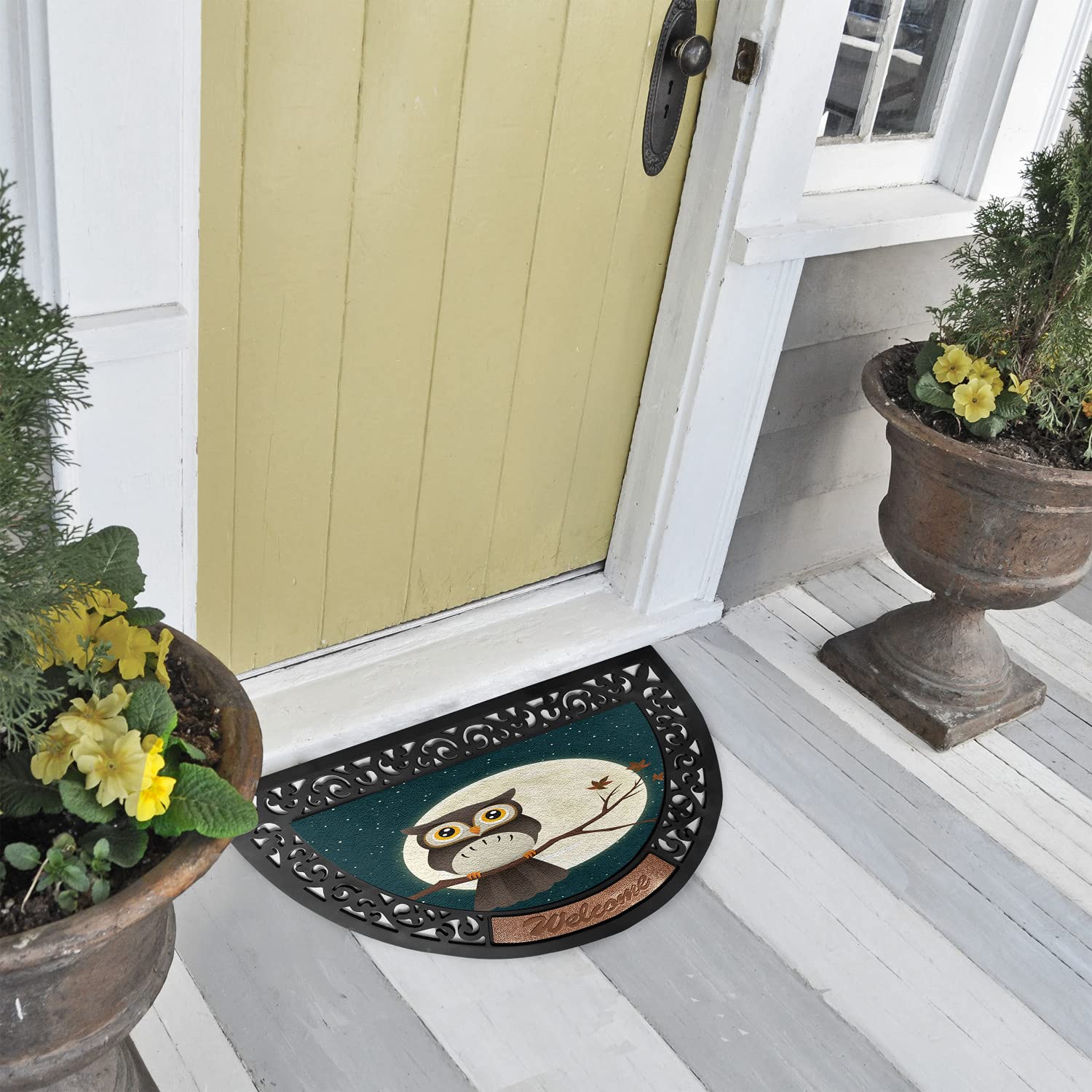 Ambesonne Owl Feather Doormat, Cartoon Scene of Night Bird Sits on Autumn Branch Full Moon, Semi Circle Entryway Welcome Mat for Front & Backard 2 Pieces, 19.6" x 31.4", Teal Brown