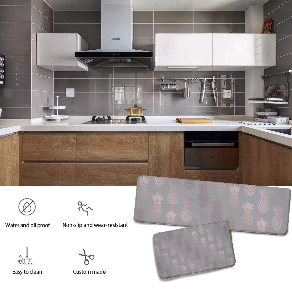 Midetoy Kitchen Rugs and Mats Set Elegant Girly Rose Gold & Grey Pineapple Anti Fatigue Kitchen Rug Non Slip Floor Rugs Indoor Outdoor 17"X48"+17"X24"