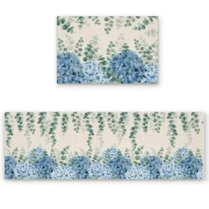 kitchen mat set of 2, farmhouse eucalyptus blue hydrangea plants linen kitchen rugs non-slip floor mat durable washable runner doormat for kitchen office laundry 19.7'' x 31.5'' + 19.7'' x 63''