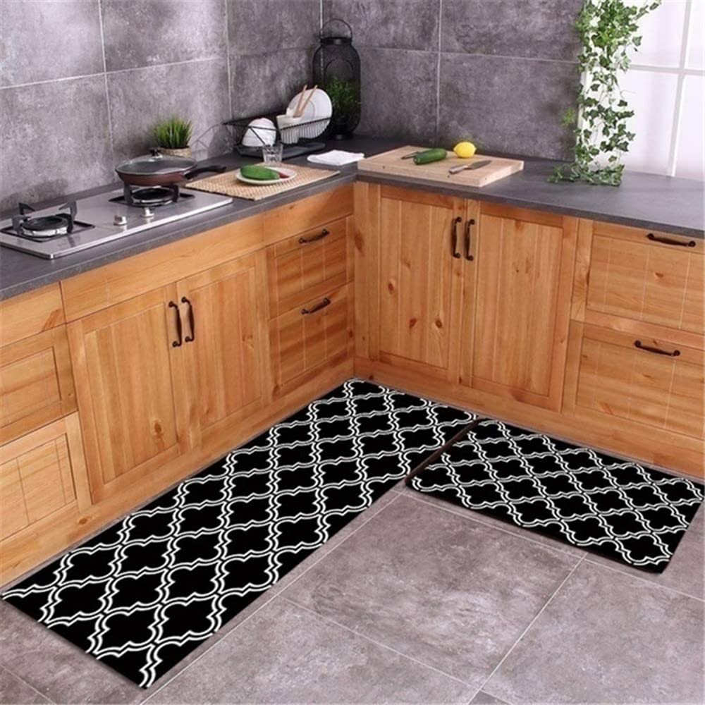 Kitchen Rug Mats Made of 95% Polypropylene 2 Pieces Soft Kitchen Mat for Kitchen, Floor Home, Office, Sink, Laundry,Specialized in Anti Slippery and Machine Washable(16"x48"+16"x24") (Black)