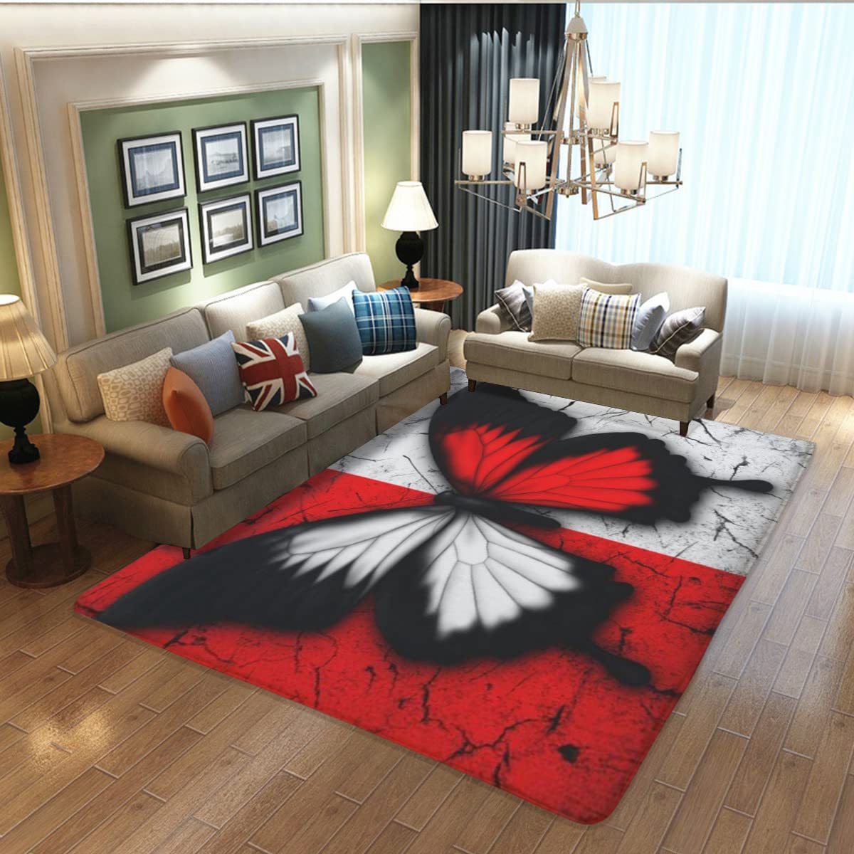 EMOSHA Large Farmhouse Rug - Abstract red and White Butterfly 3D Printing Non-Slip Crystal Floor Polyester Mat for Home Decor Suitable for Bedroom Living Room Bathroom Kitchen 60x39inch