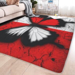 EMOSHA Large Farmhouse Rug - Abstract red and White Butterfly 3D Printing Non-Slip Crystal Floor Polyester Mat for Home Decor Suitable for Bedroom Living Room Bathroom Kitchen 60x39inch