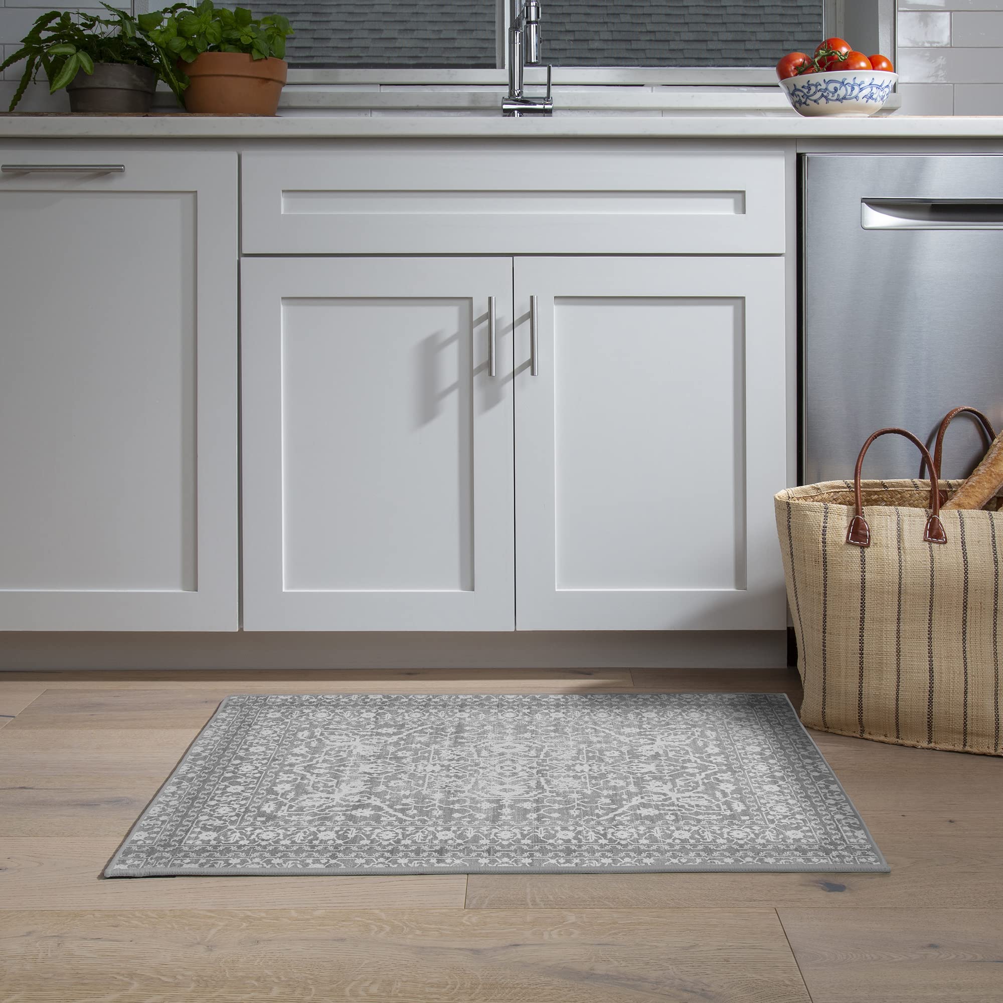 GelPro NeverMove Machine-Washable Bella Persian Kitchen Rug 24" x 34" Light Grey