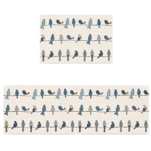 birds florals kitchen rugs set of 2 non-slip,retro blue plaid boho polka dot water-absorbing runner carpet area mat for bedroom bathroom indoor use rubber backing accent throw low pile washable medium