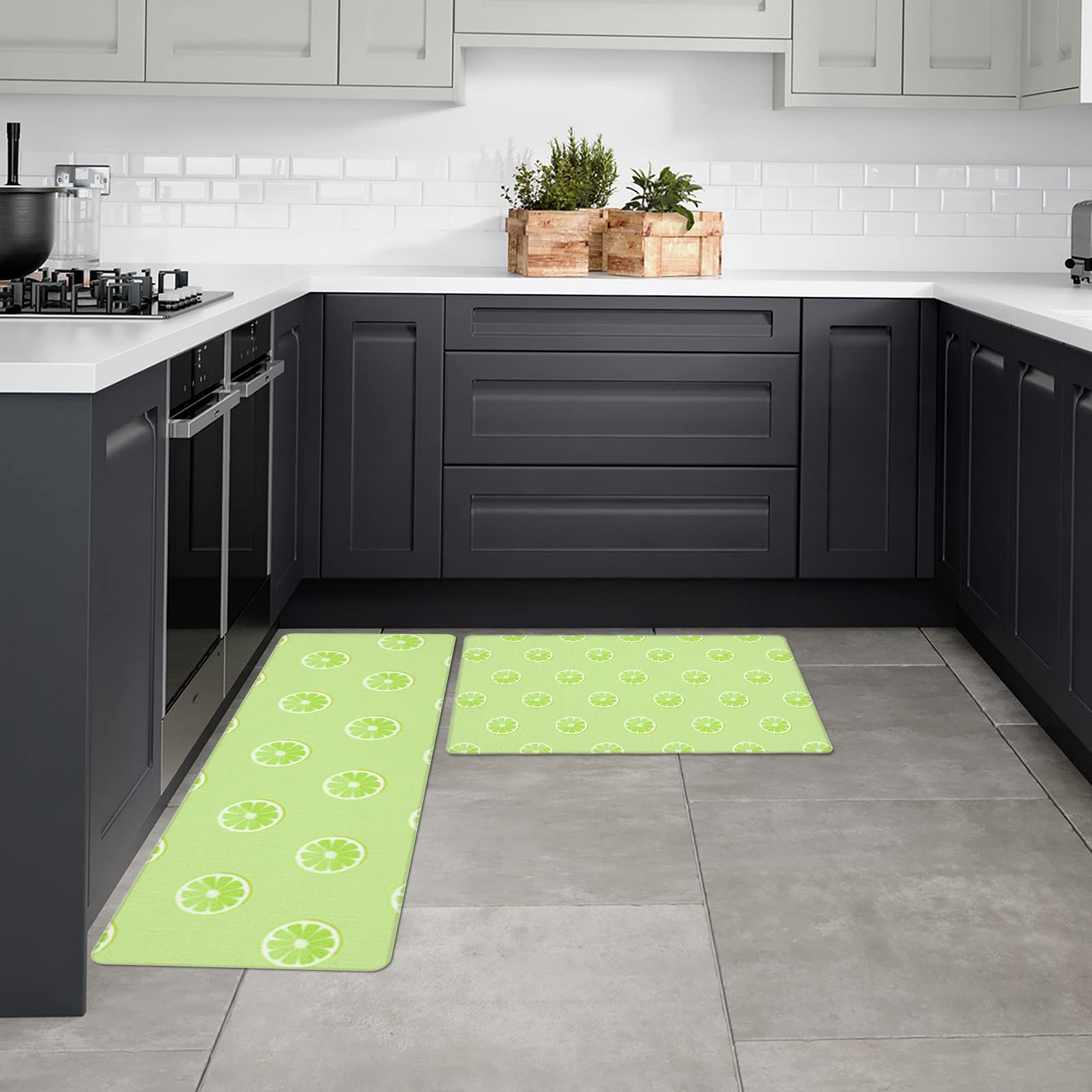 Kitchen Rugs and Mats Summer Farm Lemons 2 Piece Comfort Standing Floor Mat Non Slip Absorbent Doormats for Laundry/Bathroom/Bedroom Decor Pastoral Fruits on Green