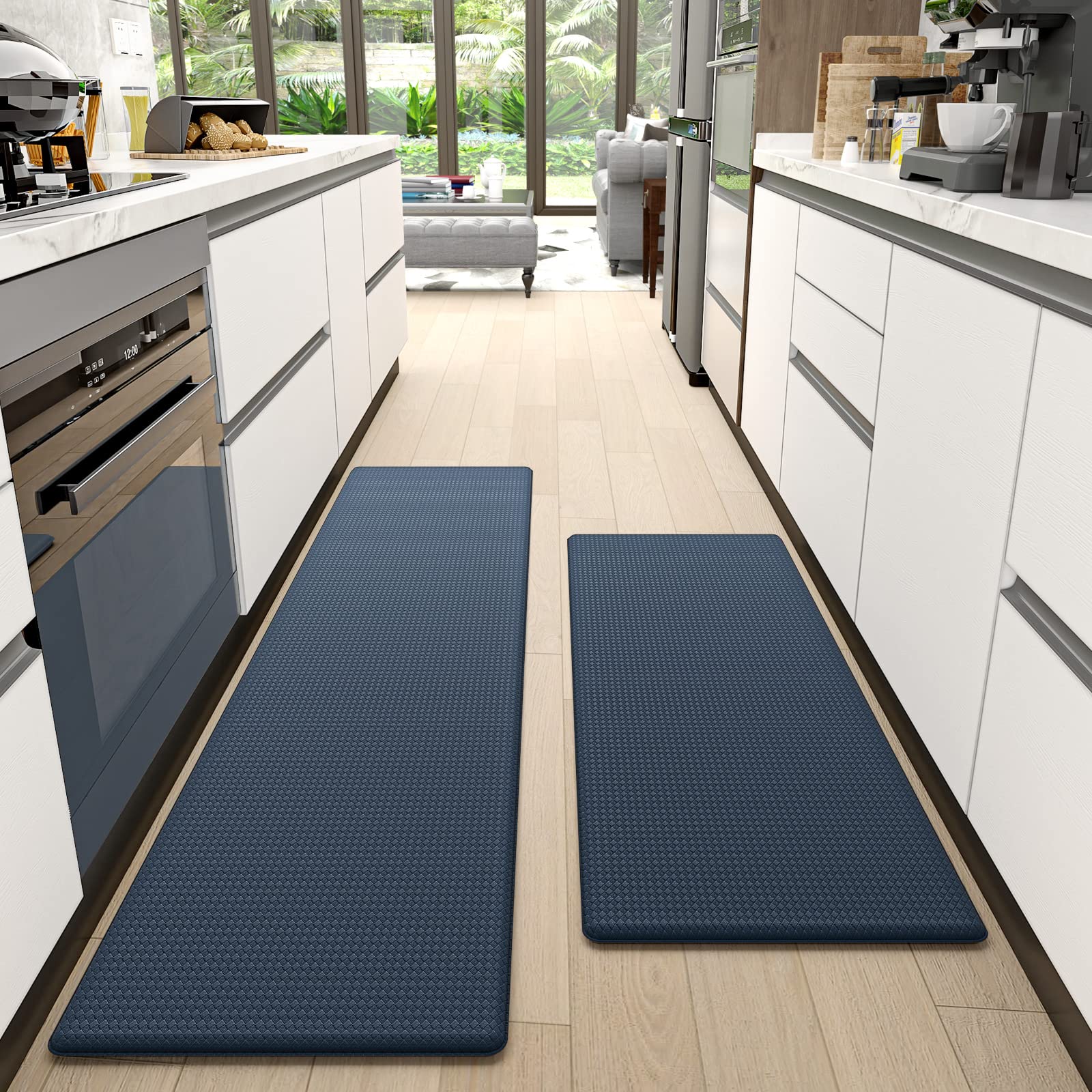 DEXI Kitchen Mat Cushioned Anti Fatigue Comfort Mat, Non Slip Kitchen Rug Set Memory Foam Kitchen Mats Set for Floor, Waterproof Kitchen Runner Rugs for Sink, 17"x47"+17"x70", Navy