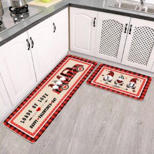 Svepndic Buffalo Plaid Mats Set of 2 Valentine's Day Kitchen Rugs Gnome Decorative Doormat Seasonal Holiday Wedding Party Profile Floor Mat for Home Kitchen