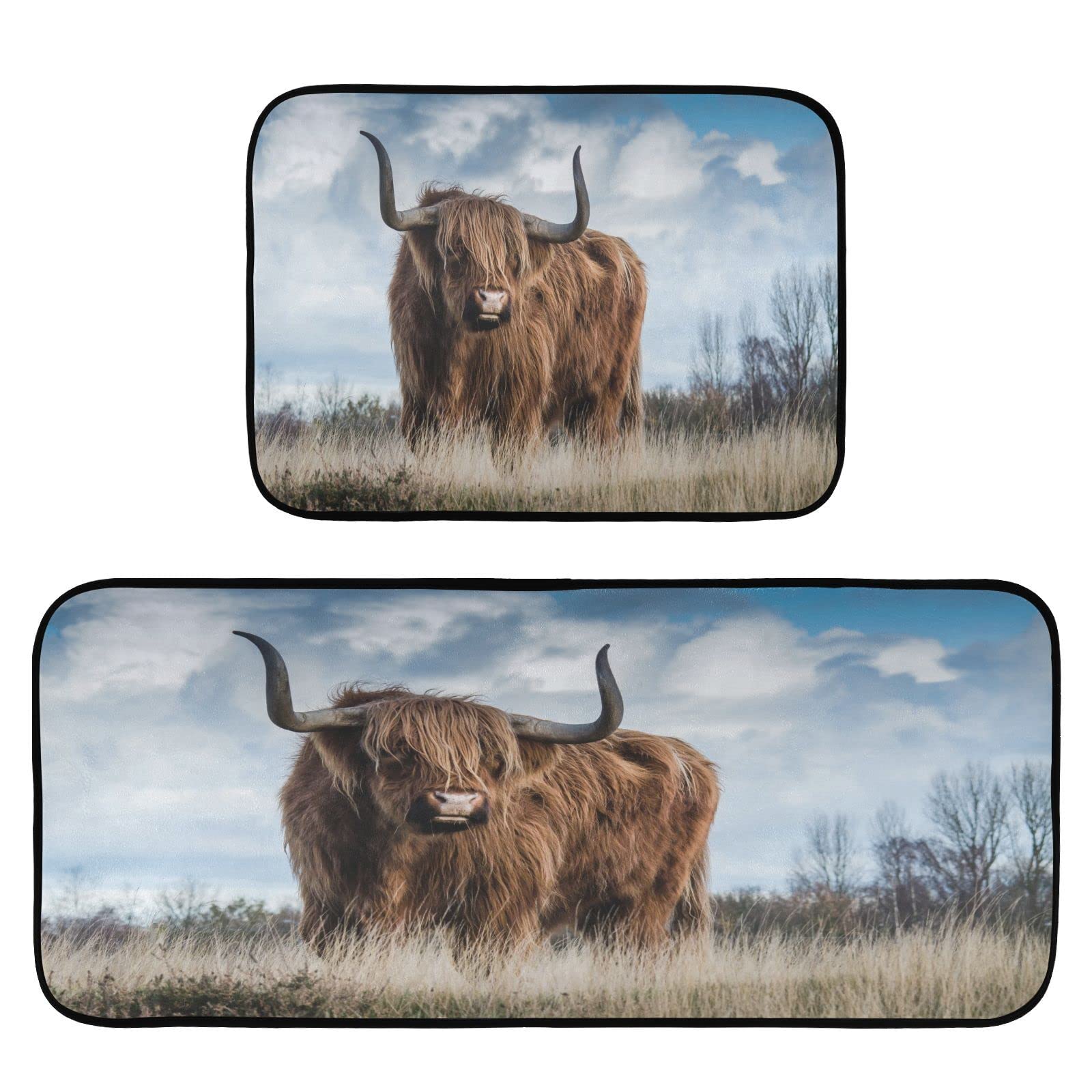 Highland Cow Horns Meadow Kitchen Rug Set of 2 Farm Animal Floor Runner Mat Comfort Non Skid Bath Carpet Standing Mat Washable for Living Room Laundry Office