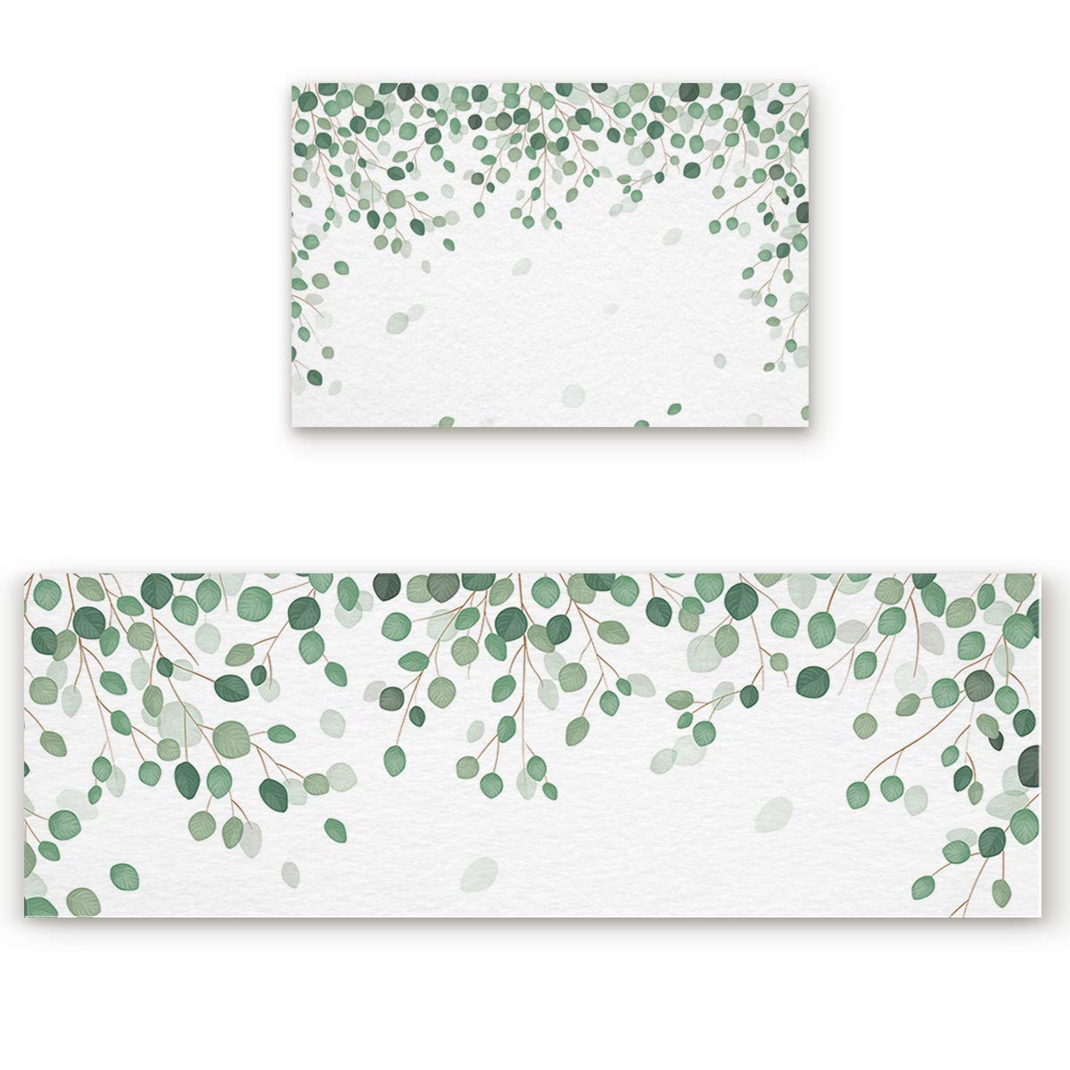 Kitchen Rug Set Eucalyptus Leaves 2 Piece Non-Slip Kitchen Floor Mat Rubber Back White Soft Indoor Bathroom Doormat Runner Rug Carpet Set (19.7"x31.5"+19.7"x63")