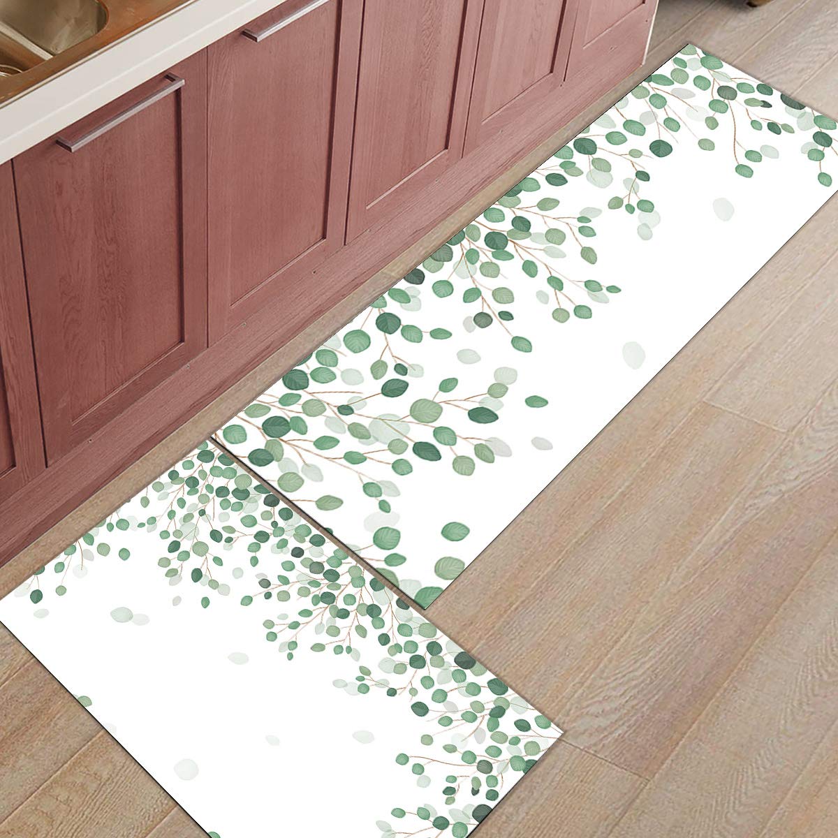 Kitchen Rug Set Eucalyptus Leaves 2 Piece Non-Slip Kitchen Floor Mat Rubber Back White Soft Indoor Bathroom Doormat Runner Rug Carpet Set (19.7"x31.5"+19.7"x63")