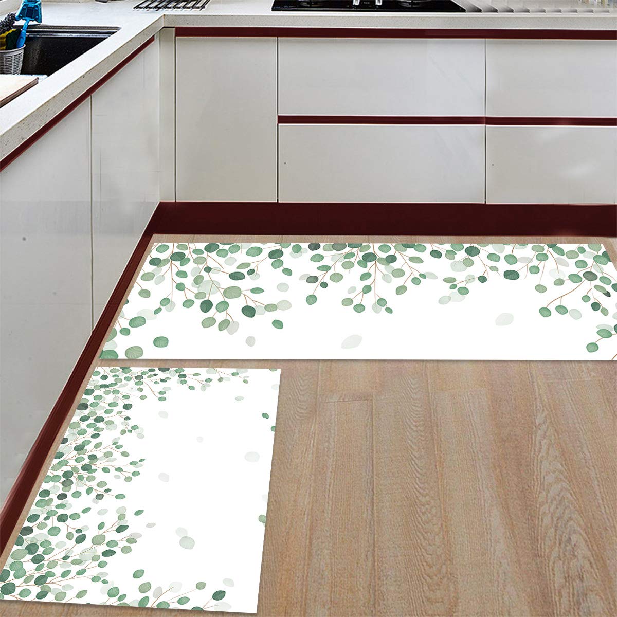 Kitchen Rug Set Eucalyptus Leaves 2 Piece Non-Slip Kitchen Floor Mat Rubber Back White Soft Indoor Bathroom Doormat Runner Rug Carpet Set (19.7"x31.5"+19.7"x63")
