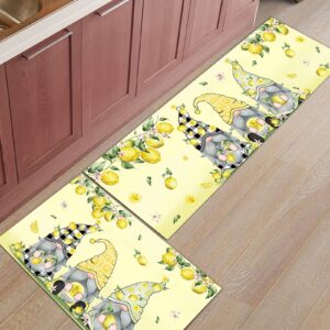 LBCASA Kitchen Rugs and Mats Washable 2 Pieces, Summer Lemon Gnomes Cushioned Kitchen Rug, Country Fruits Yellow Non-Slip Kitchen Mat for Front of Sink, Laundry, Bathroom, 24"x35"+24"x71"