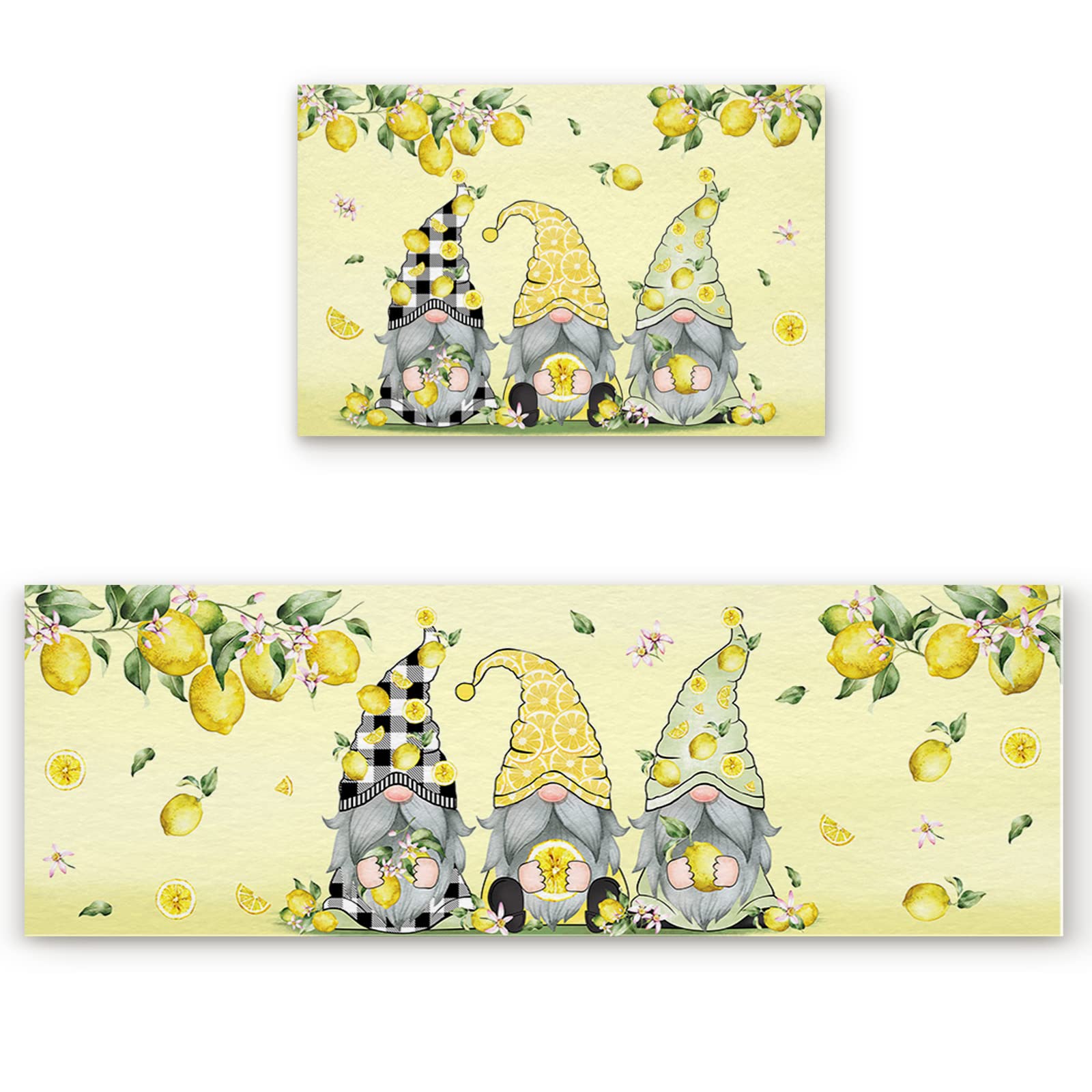 LBCASA Kitchen Rugs and Mats Washable 2 Pieces, Summer Lemon Gnomes Cushioned Kitchen Rug, Country Fruits Yellow Non-Slip Kitchen Mat for Front of Sink, Laundry, Bathroom, 24"x35"+24"x71"