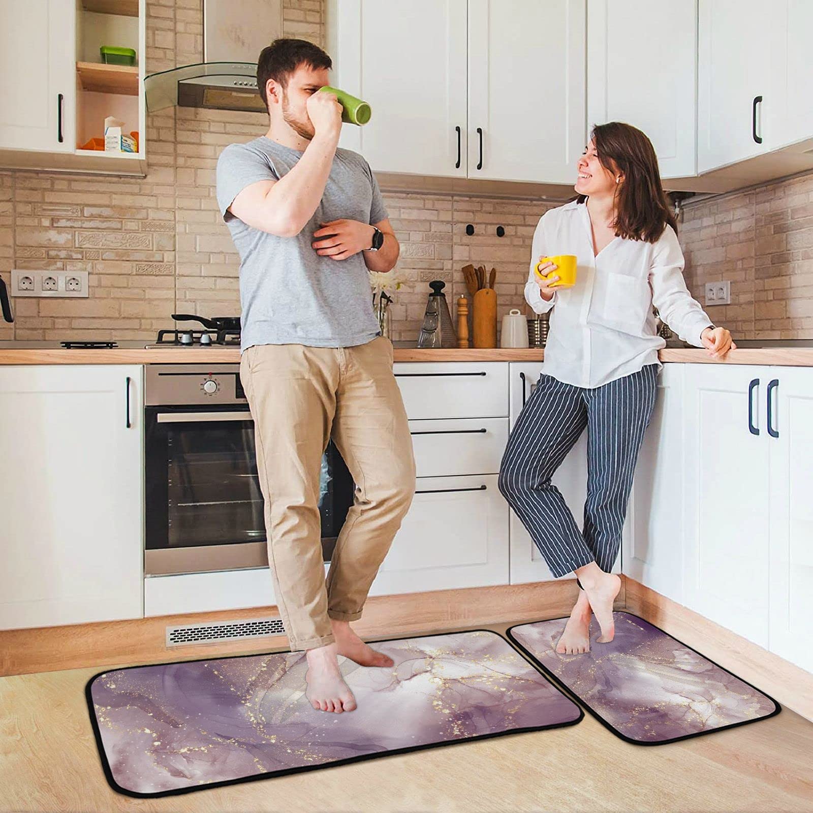 BOENLE Kitchen Rugs and Mats Non Skid Washable Kitchen Rug Set 2 Piece Purple Marble Carpet Ergonomic Comfort Standing Mat for Kitchen,Bathroom, Laundry