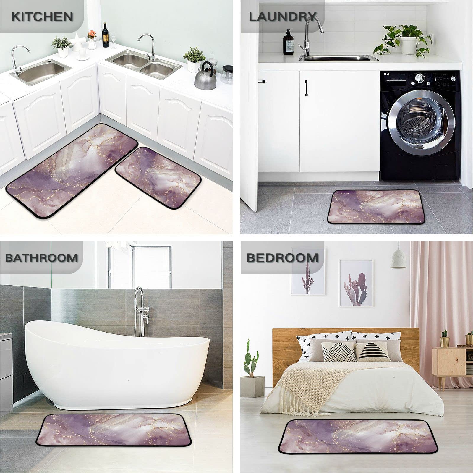 BOENLE Kitchen Rugs and Mats Non Skid Washable Kitchen Rug Set 2 Piece Purple Marble Carpet Ergonomic Comfort Standing Mat for Kitchen,Bathroom, Laundry