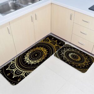 2 pieces kitchen rugs sets, golden mandala texture black non-slip hallway stair runner rug mats doormat for floor, office, sink, laundry