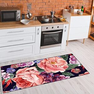 Retro Roses Kitchen Rug Non-Slip Kitchen Mats Blue Wildflower Bath Runner Doormats Area Mat Rugs Carpet for Home Decor 39" X 20"
