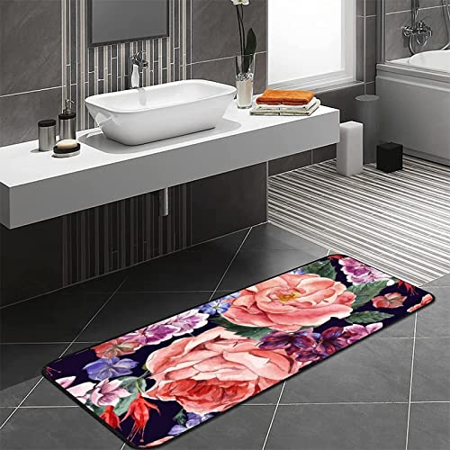 Retro Roses Kitchen Rug Non-Slip Kitchen Mats Blue Wildflower Bath Runner Doormats Area Mat Rugs Carpet for Home Decor 39" X 20"