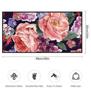 Retro Roses Kitchen Rug Non-Slip Kitchen Mats Blue Wildflower Bath Runner Doormats Area Mat Rugs Carpet for Home Decor 39" X 20"