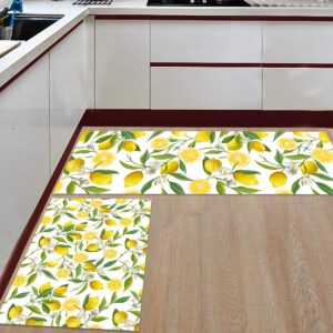 lemon kitchen mats for floor cushioned anti fatigue 2 piece set kitchen runner rugs non skid washable natural furit green leaves 15.7x23.6+15.7x47.2inch