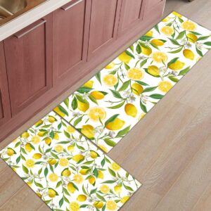 Lemon Kitchen Mats for Floor Cushioned Anti Fatigue 2 Piece Set Kitchen Runner Rugs Non Skid Washable Natural Furit Green Leaves 15.7x23.6+15.7x47.2inch