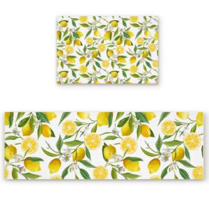 Lemon Kitchen Mats for Floor Cushioned Anti Fatigue 2 Piece Set Kitchen Runner Rugs Non Skid Washable Natural Furit Green Leaves 15.7x23.6+15.7x47.2inch