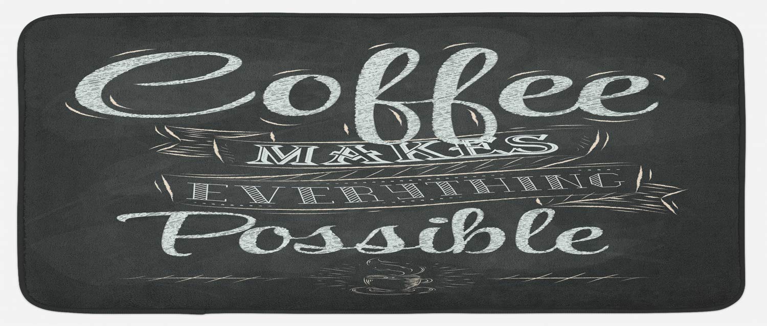 Lunarable Coffee Kitchen Mat, Coffee Makes Everything Possible Inspirational Message on a Chalkboard, Plush Decorative Kithcen Mat with Non Slip Backing, 47" X 19", White Grey