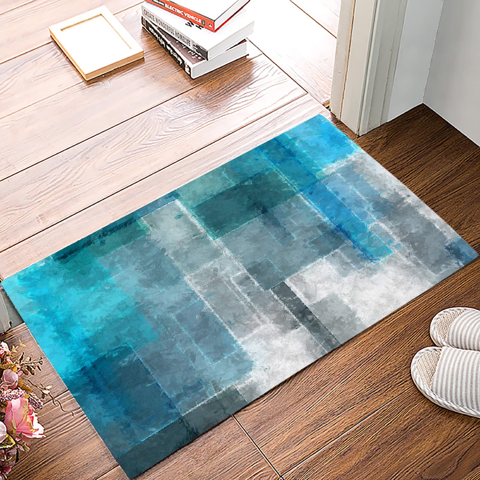 Door Mat for Bedroom Decor, Geometry Turquoise and Grey Abstract Art Painting Blue Floor Mats, Holiday Rugs for Living Room, Absorbent Non-Slip Bathroom Rugs Home Decor Kitchen Mat Area Rug 18x30 Inch