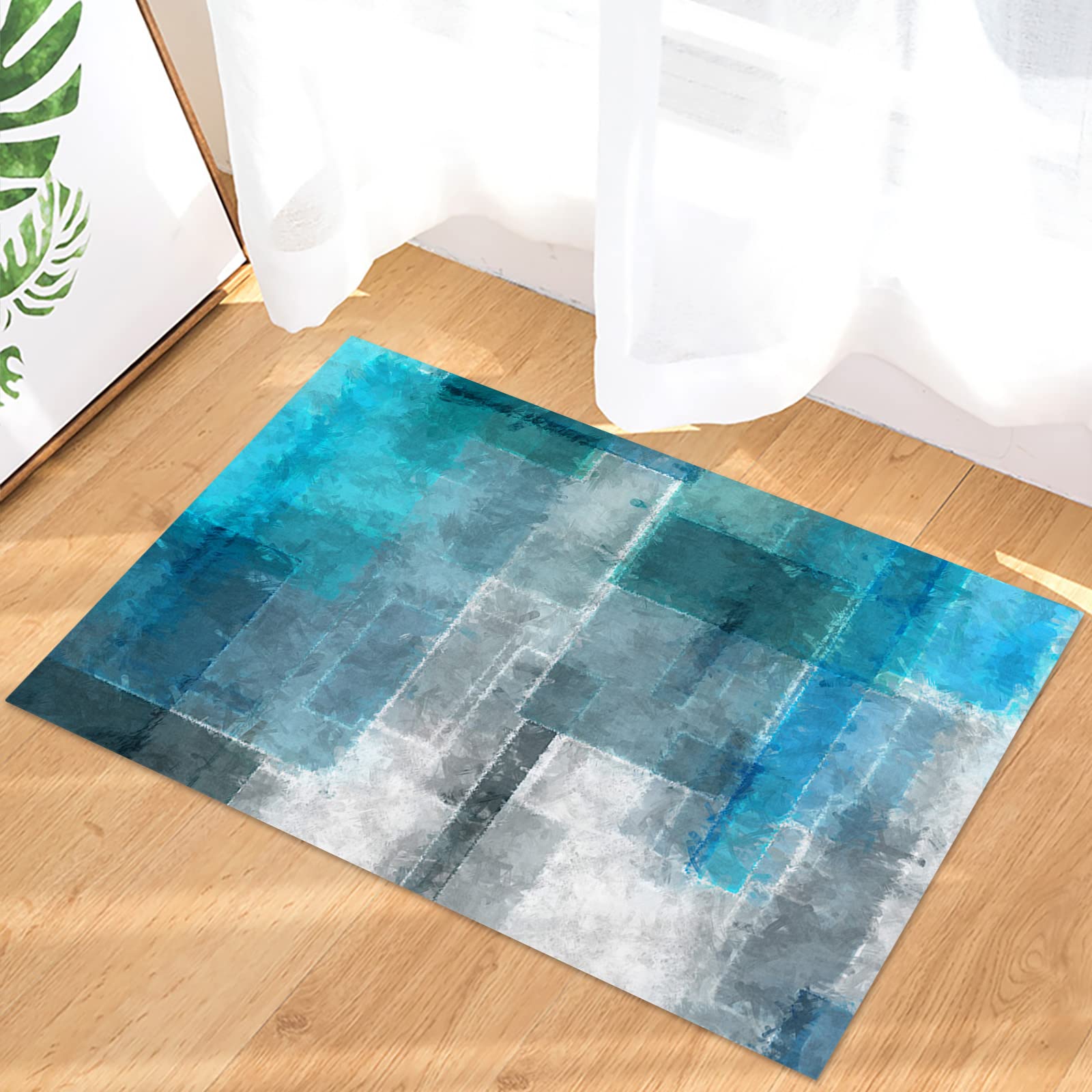 Door Mat for Bedroom Decor, Geometry Turquoise and Grey Abstract Art Painting Blue Floor Mats, Holiday Rugs for Living Room, Absorbent Non-Slip Bathroom Rugs Home Decor Kitchen Mat Area Rug 18x30 Inch