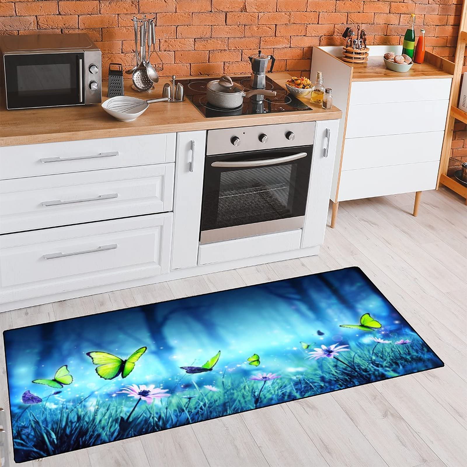 Fairy Butterflies in Mystic Forest Kitchen Rug Non-Slip Kitchen Mats Blue Bath Runner Doormats Area Mat Rugs Carpet for Home Decor 39" X 20"