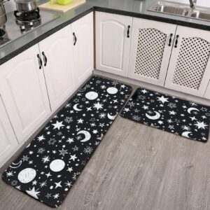 youtary black white moon and star pattern kitchen rug set 2 pcs floor mats washable non-slip soft flannel runner rug doormat carpet for floor home bathroom, 17" x 47"+17" x 24"-m