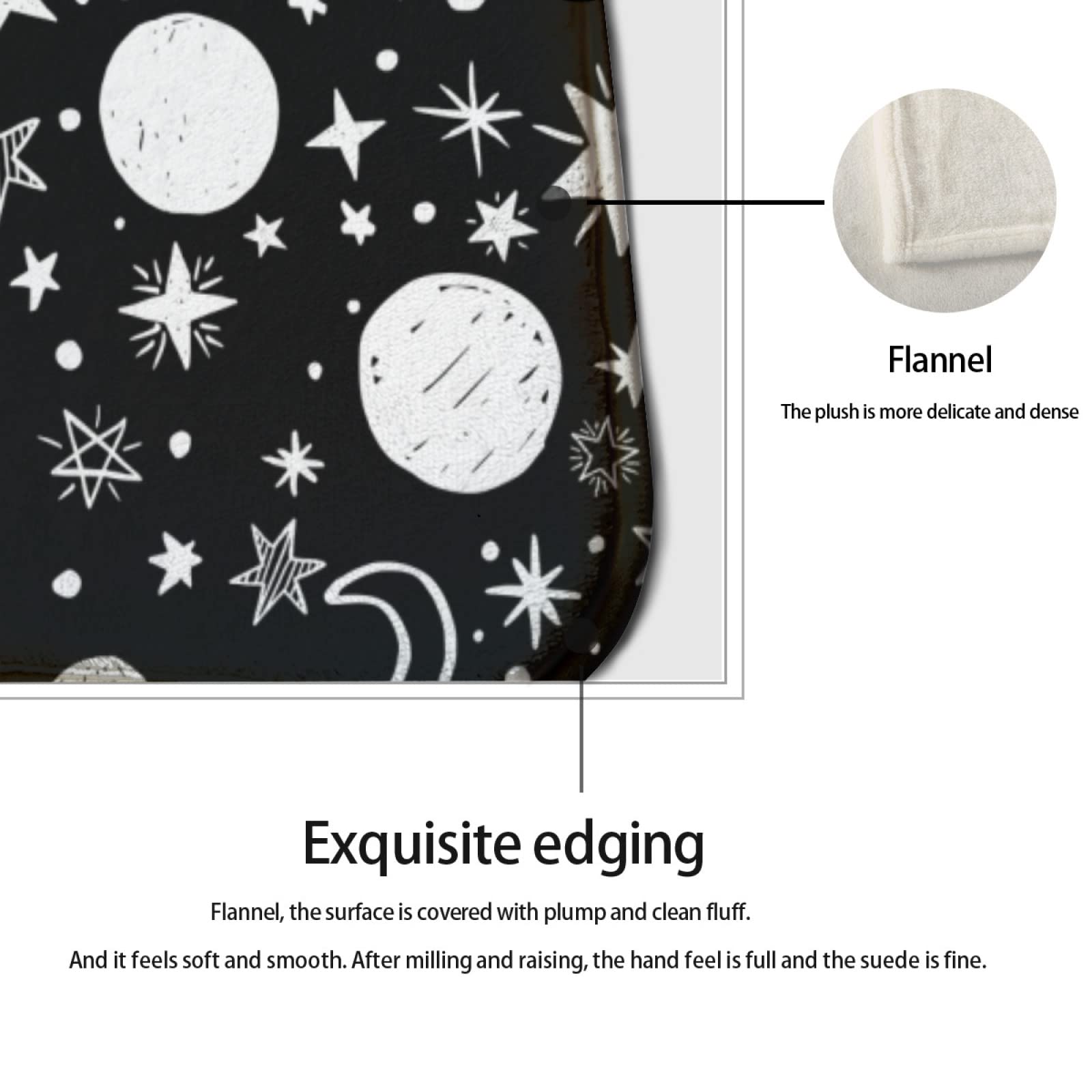 YouTary Black White Moon and Star Pattern Kitchen Rug Set 2 PCS Floor Mats Washable Non-Slip Soft Flannel Runner Rug Doormat Carpet for Floor Home Bathroom, 17" x 47"+17" x 24"-M