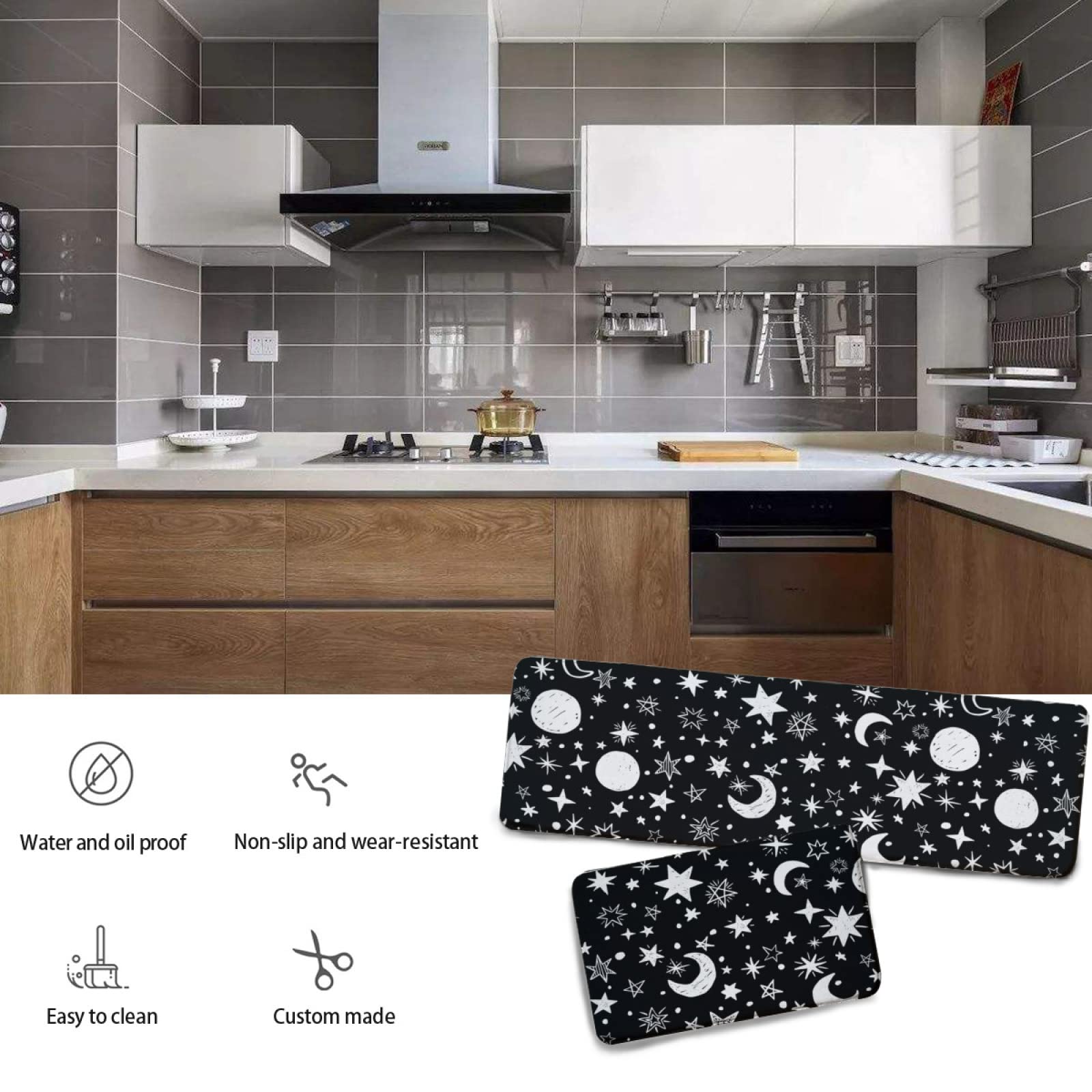 YouTary Black White Moon and Star Pattern Kitchen Rug Set 2 PCS Floor Mats Washable Non-Slip Soft Flannel Runner Rug Doormat Carpet for Floor Home Bathroom, 17" x 47"+17" x 24"-M