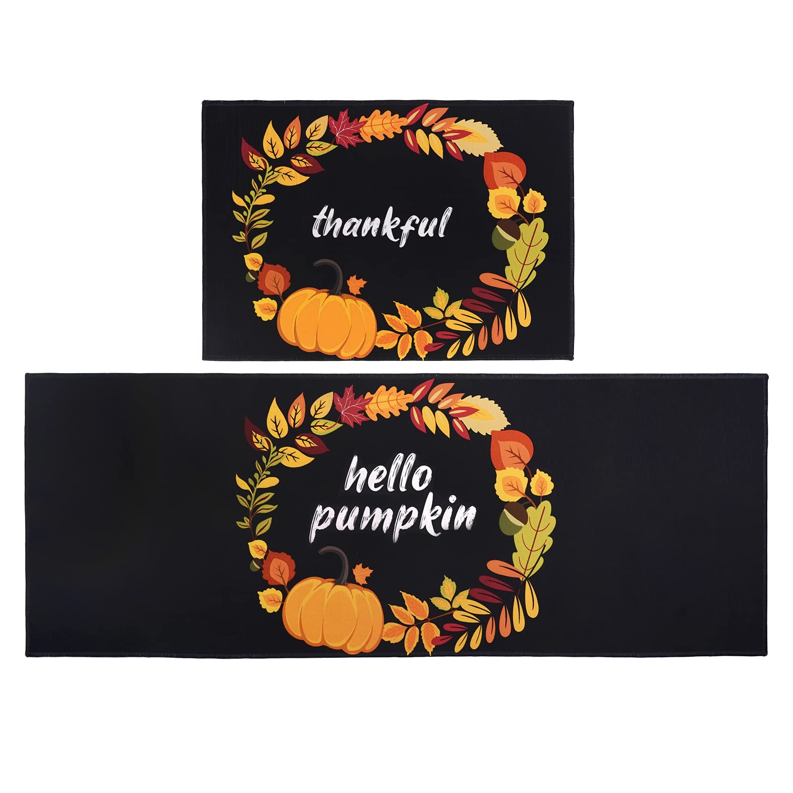 Fuoxowk Thanksgiving Decor Kitchen Mat and Rug Set-Pumpkin Kitchen Rugs and Mats Non Skid Washable,Floor Cushion Waterproof Rug,Rubber Backed Area Rugs for Kitchen sink,Laundry Room,Indoor Floor,Black