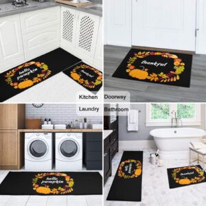 Fuoxowk Thanksgiving Decor Kitchen Mat and Rug Set-Pumpkin Kitchen Rugs and Mats Non Skid Washable,Floor Cushion Waterproof Rug,Rubber Backed Area Rugs for Kitchen sink,Laundry Room,Indoor Floor,Black