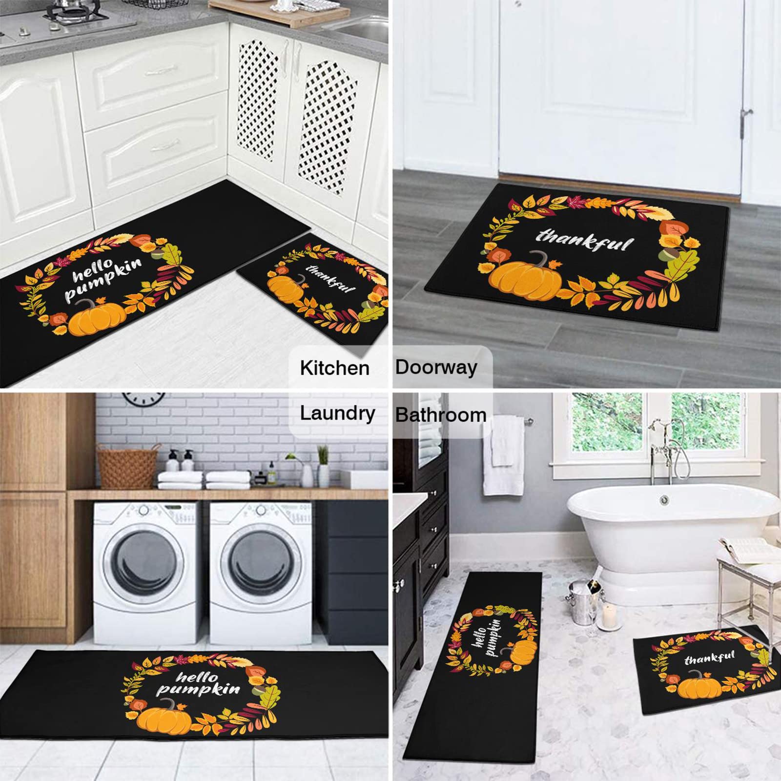 Fuoxowk Thanksgiving Decor Kitchen Mat and Rug Set-Pumpkin Kitchen Rugs and Mats Non Skid Washable,Floor Cushion Waterproof Rug,Rubber Backed Area Rugs for Kitchen sink,Laundry Room,Indoor Floor,Black