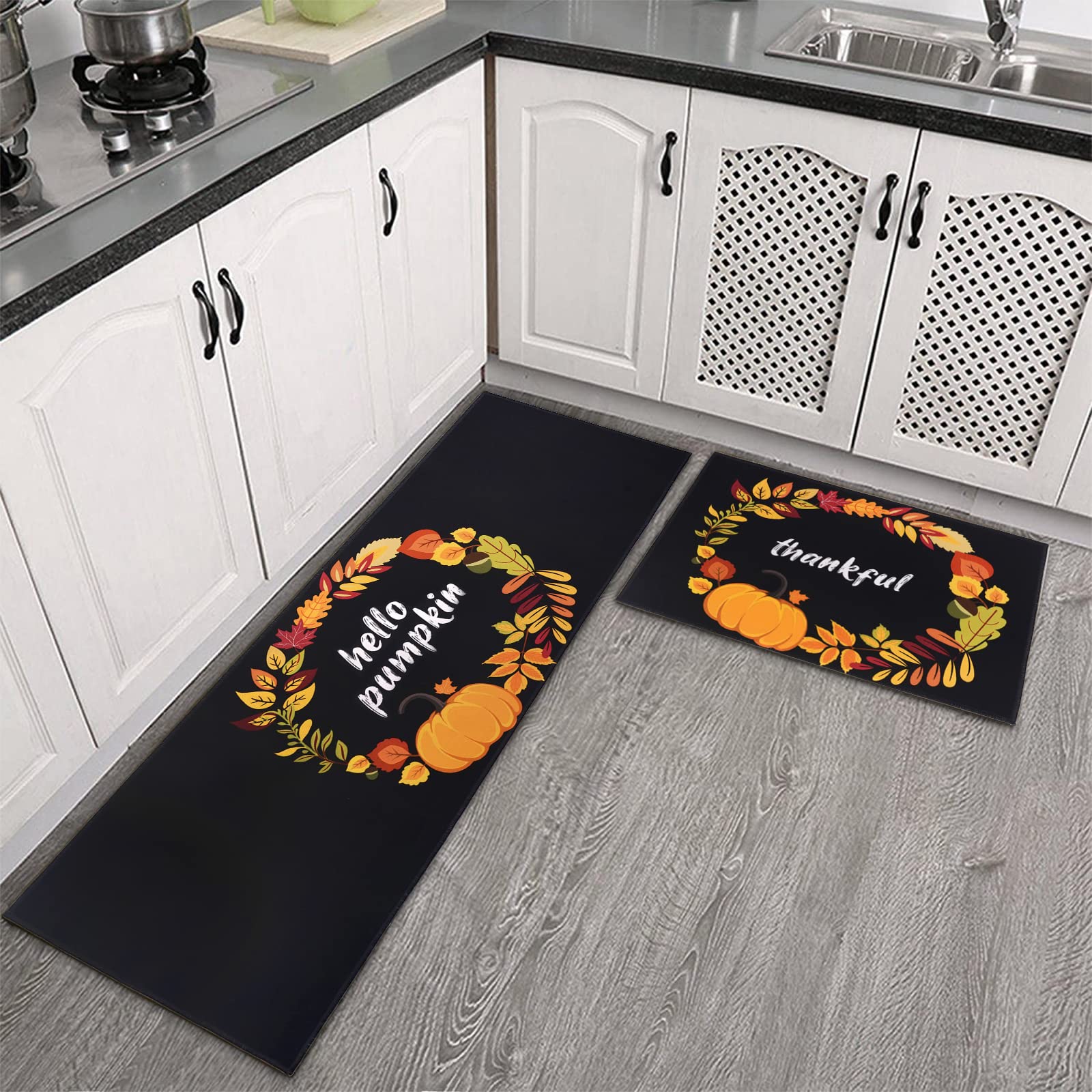 Fuoxowk Thanksgiving Decor Kitchen Mat and Rug Set-Pumpkin Kitchen Rugs and Mats Non Skid Washable,Floor Cushion Waterproof Rug,Rubber Backed Area Rugs for Kitchen sink,Laundry Room,Indoor Floor,Black