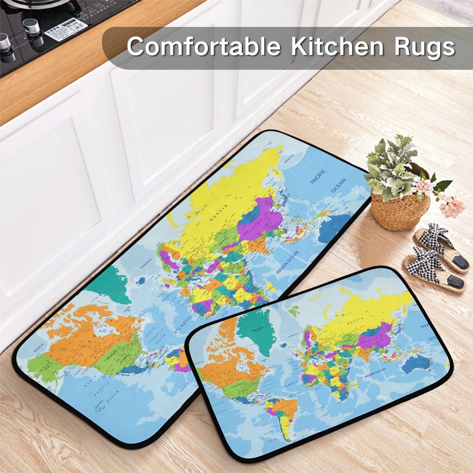 Colorful World Map Kitchen Mat Set of 2 Anti-Fatigue Kitchen Rug Set Non Slip Washable Cushioned Foam Kitchen Runner Rugs and Mats Comfort Standing Mat for Floor Laundry Home Decor